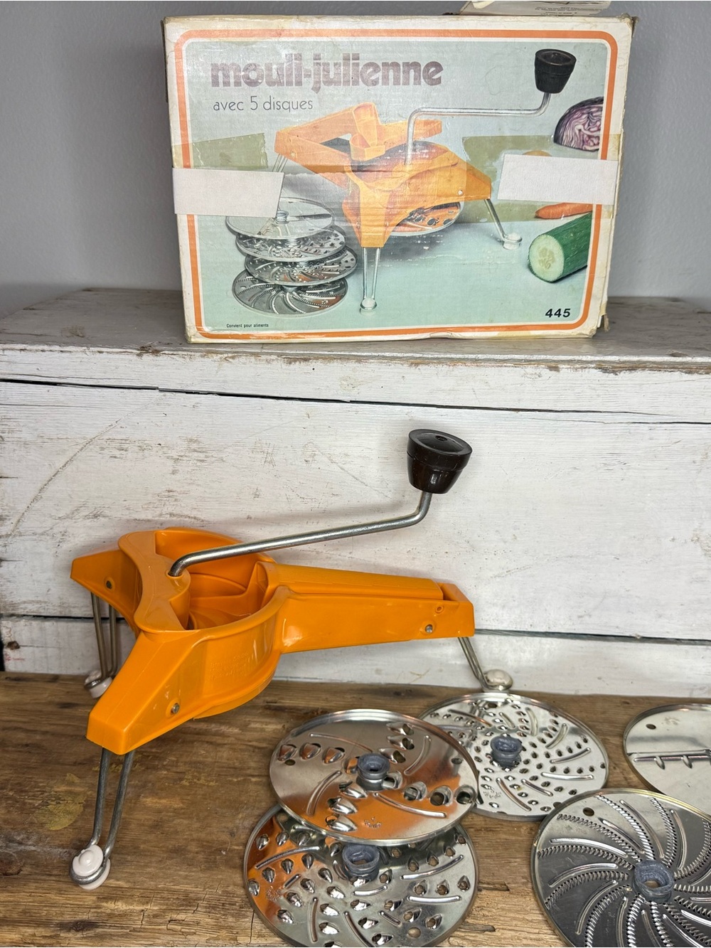 Vintage Moulinex Mouli-Julienne Slicer Grader Model 445 | Original Box & 5 Discs